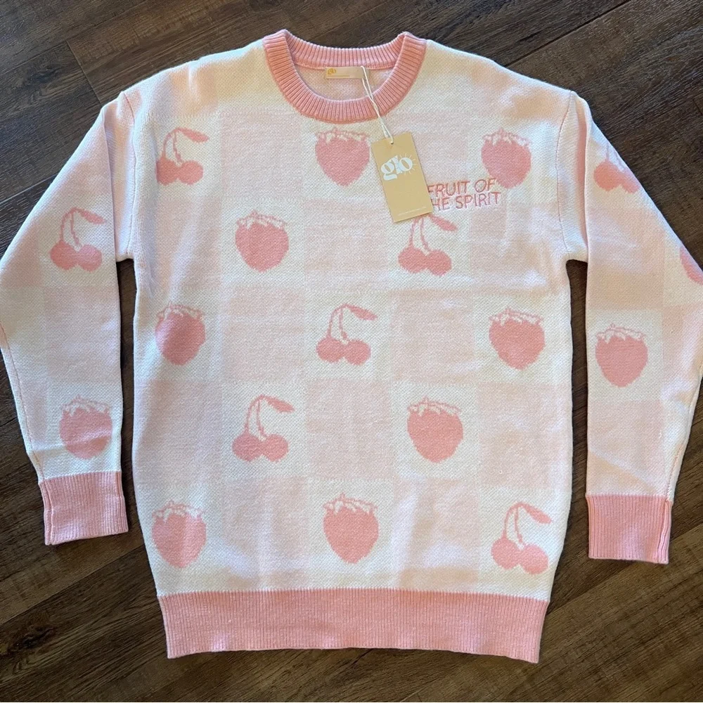 GLO Fruit of the Spirit Pink Jacquard Sweater Cherry Strawberry Size M - Picture 2 of 11